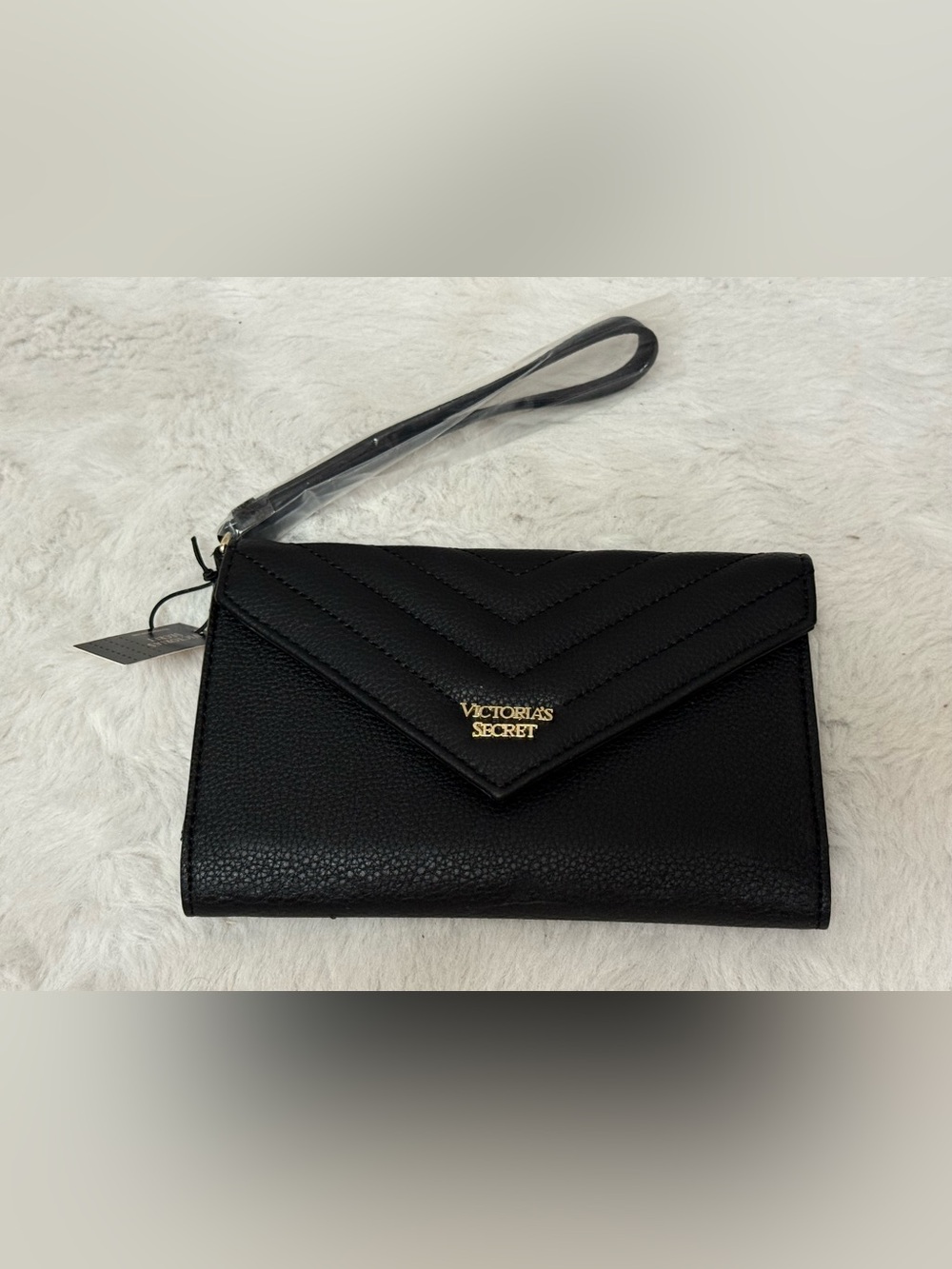 Victoria's Secret Black Quilted Envelope Wristlet with Gold Logo